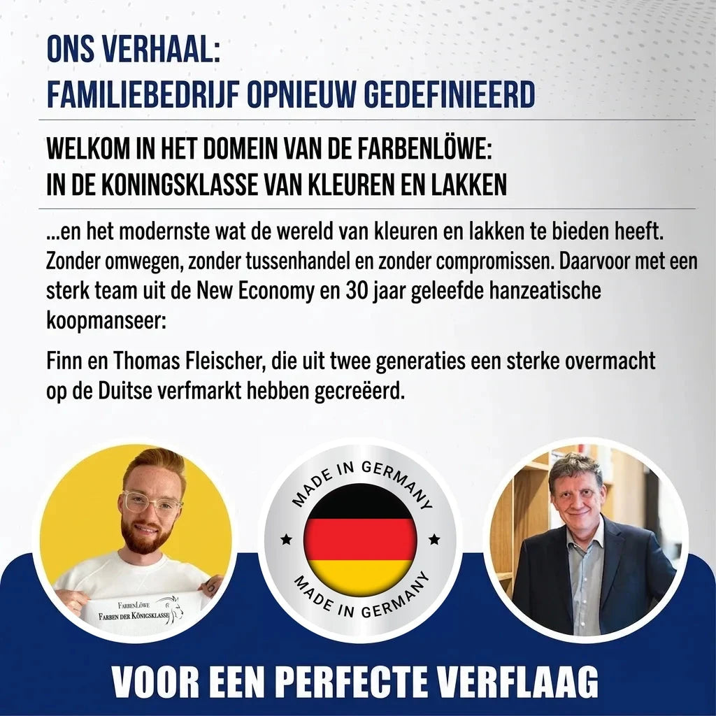 Duitse tekst over familiebedrijf in verf en lak van Finn en Thomas Fleischer, met 'Made in Germany' zegel.