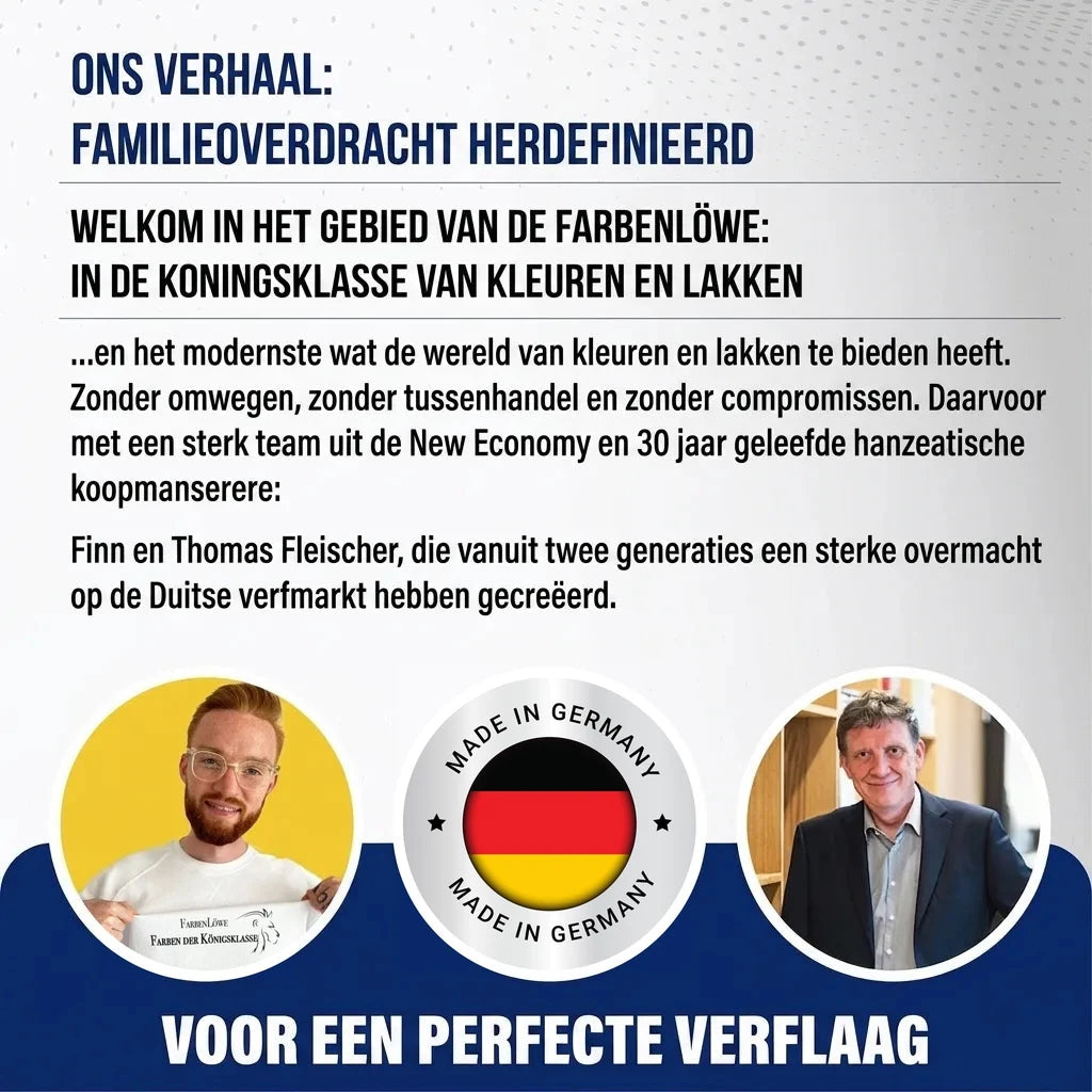 Finn en Thomas Fleischer, oprichters familiebedrijf. Duitse tekst over kwaliteitsverf & lak, Made in Germany.