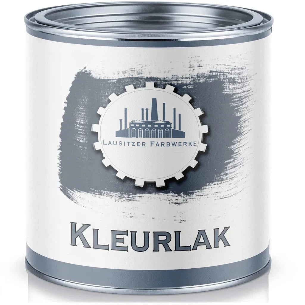 Blik grijze lakverf van het merk Lausitzer Farbwerke, type Buntlack, met een verfstreep op etiket.