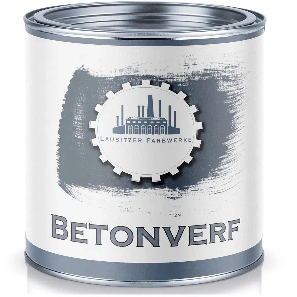 Blik grijze betonverf van Lausitzer Farbwerke, klaar voor gebruik.