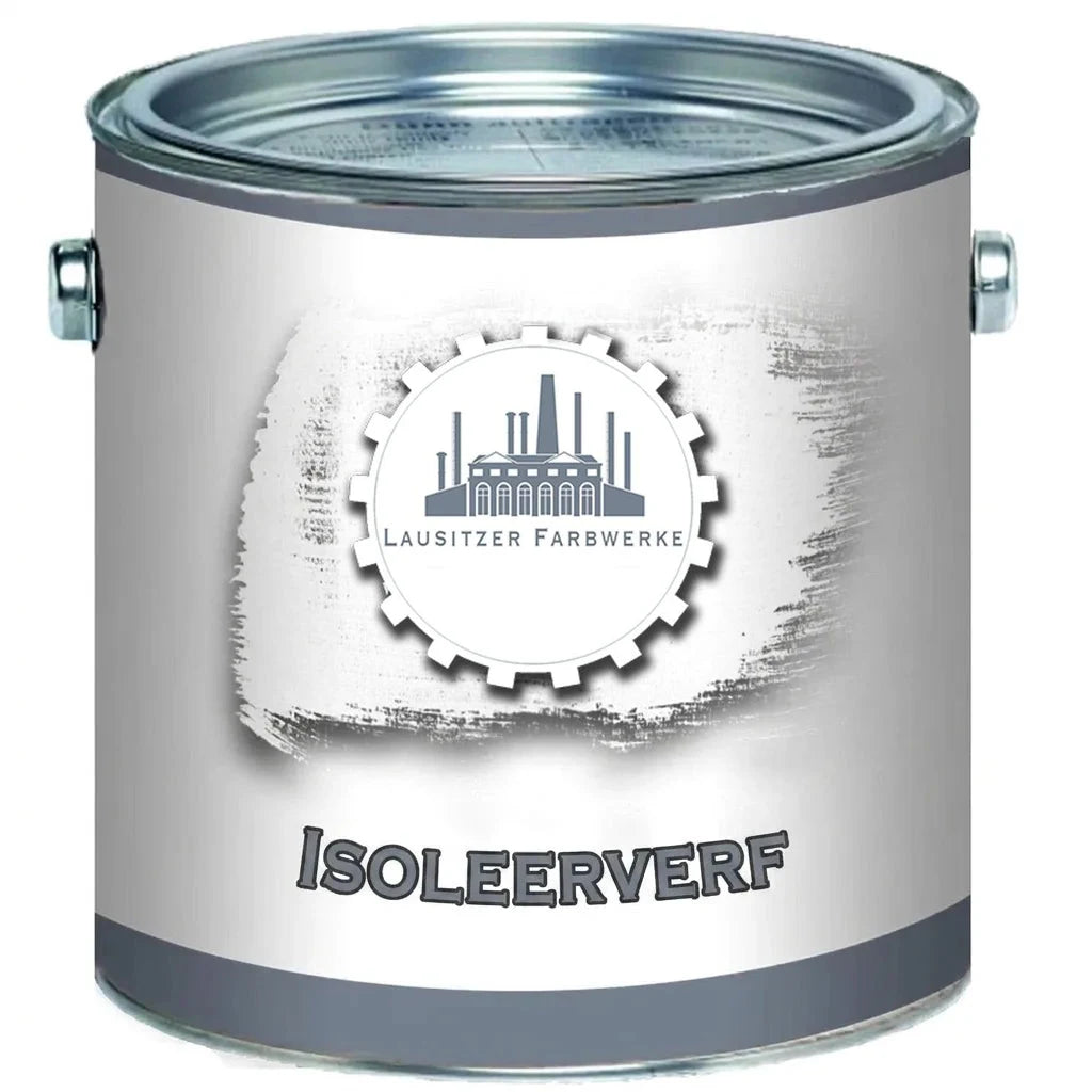 Witte verfblik met grijs etiket. Bevat logo LAUSITZER FARBWERKE en de tekst ISOLIERFARBE (isolerende verf).