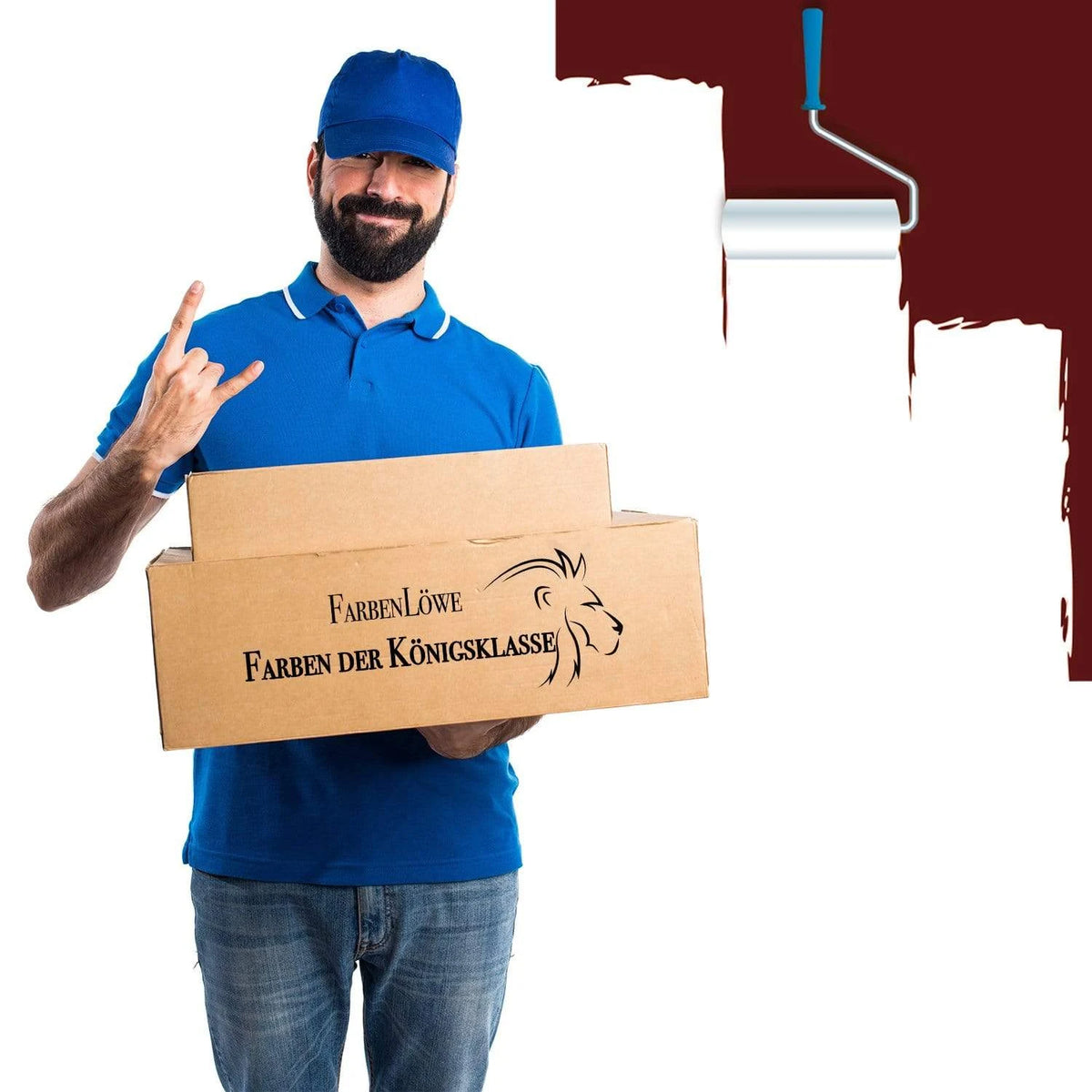 Man in blauwe outfit toont 'FarbenLöwe Kleuren van de Koningsklasse' verfdozen. Lachend, verfroller.