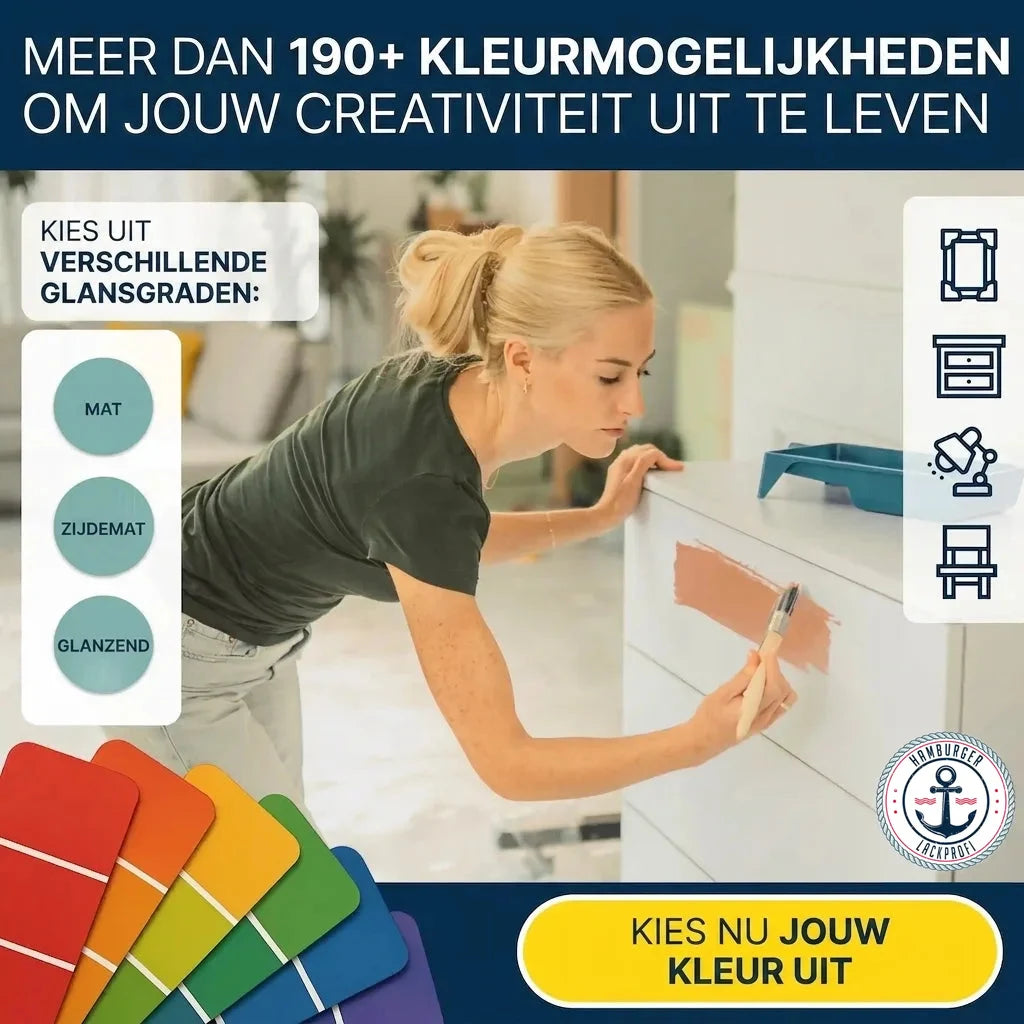 Vrouw schildert meubel, met 190+ verfkleuren en glansgraden om creativiteit te uiten. Kies je kleur!