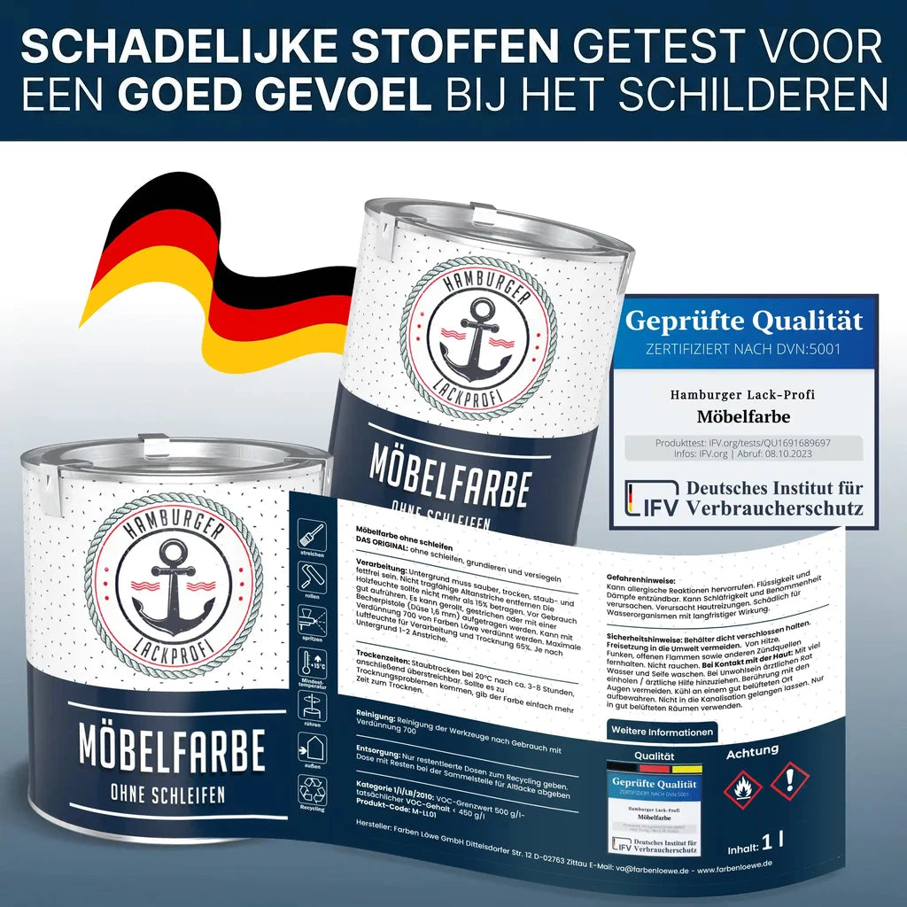 Hamburger Lack-Profi "MÖBELFARBE OHNE SCHLEIFEN" verfblikken met Duitse vlag en keurmerken.