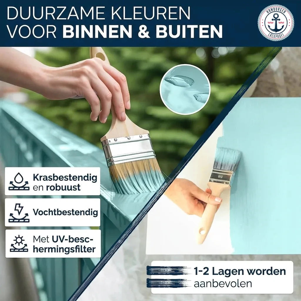 Hand schildert reling en muur met duurzame blauwe verf; krasvast, vochtbestendig, UV-filter. 1-2 lagen.