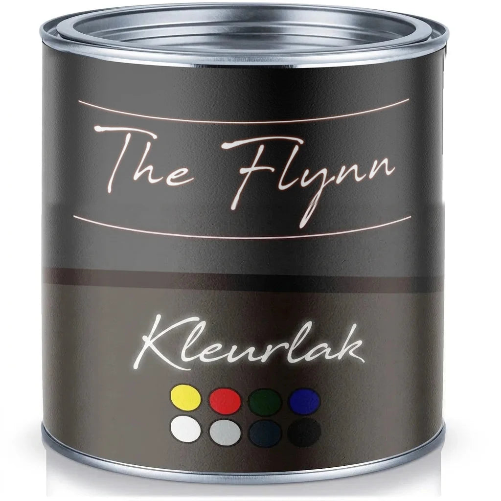 Een donkergrijs blik verf van het merk 'The Flynn', type 'Buntlack', met diverse kleurenstalen.