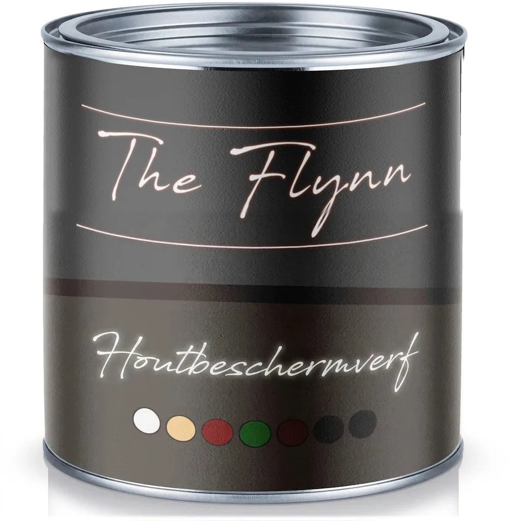 Donker verfblik 'The Flynn Holzschutzfarbe' met zilveren deksel en kleurstaaltjes.