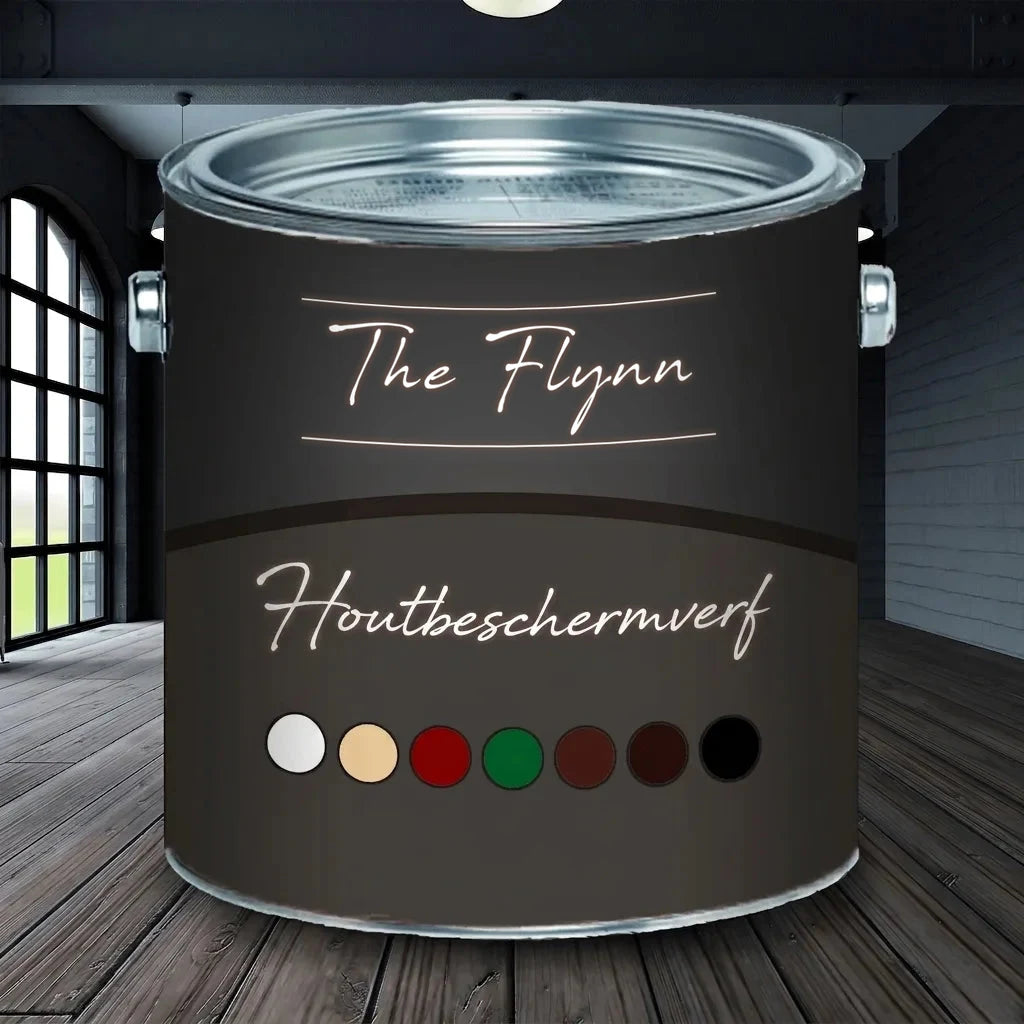 The Flynn houtbeschermingsverf blik in moderne kamer. Toont diverse kleuren: wit, beige, rood, groen, bruin, zwart.