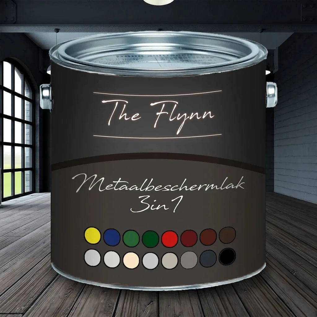 The Flynn metaal beschermlak 3-in-1 verfblik met kleurkeuze in industriële ruimte.