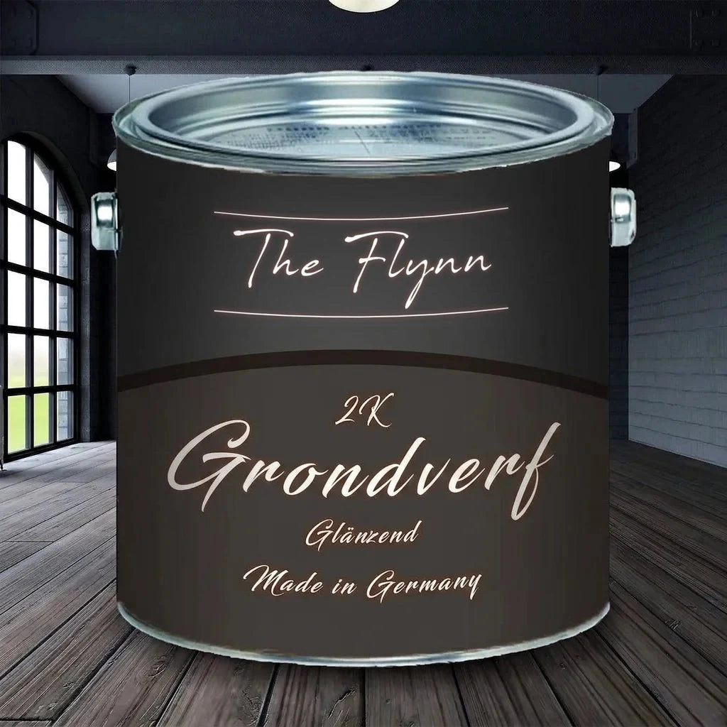 Zwarte verfblik met The Flynn 2K grondverf, glanzend, gemaakt in Duitsland.